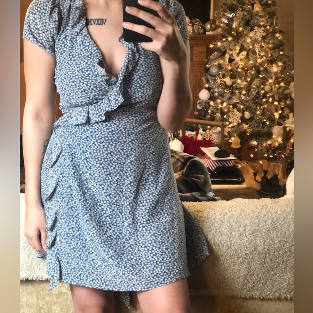Madewell Silk Ruffle Mini Floral Dress Blue Size XS